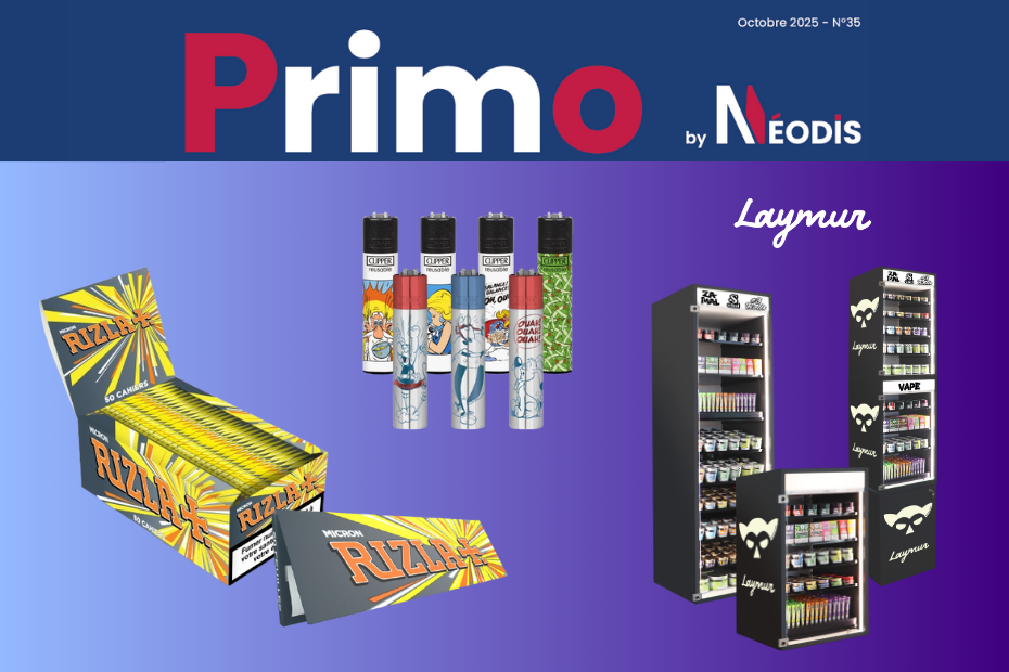primo octobre 2025 nouveautés fumeurs : papier à cigarette rizla+ single micron, collection briquets astérix clipper, vitrine laymur