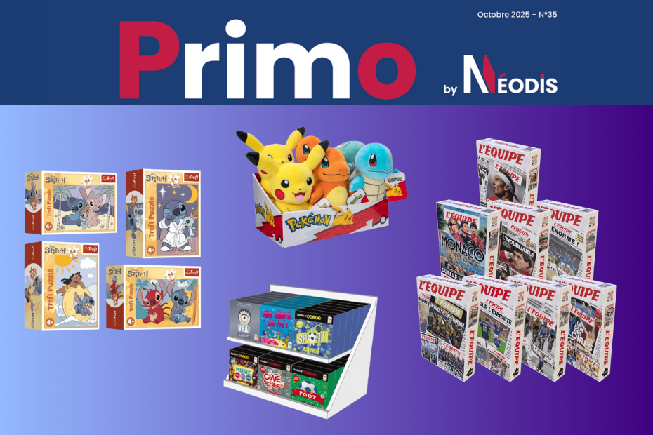 primo octobre 2025 nouveautés jouets : puzzles stitch, puzzles l'équipe, présentoir jeux de société, peluches pokémon pikachu carapuce salamèche