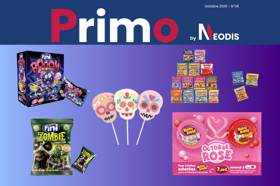 primo octobre 2025 nouveautés confiserie : guimauve tête de mort mexicaine, bonbons haribo, bonbon acidulé zombie vampire, operation octobre rose hubba bubba
